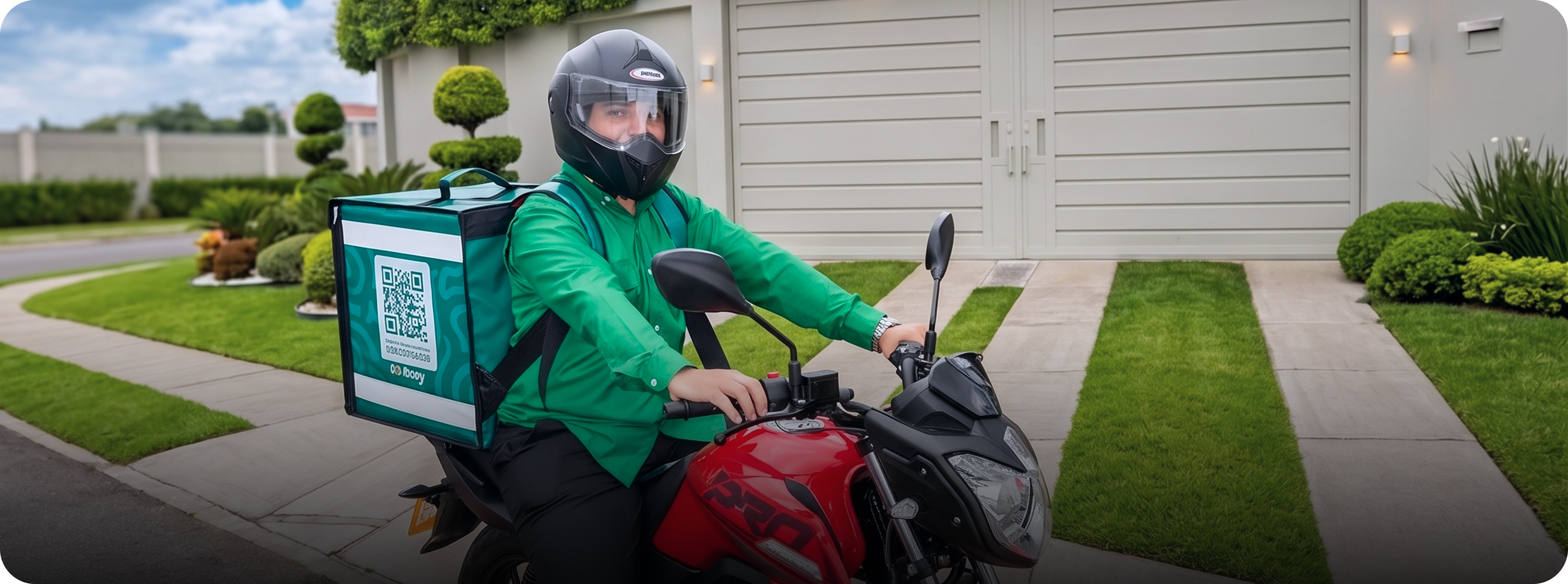Repartidor en moto frente a una casa