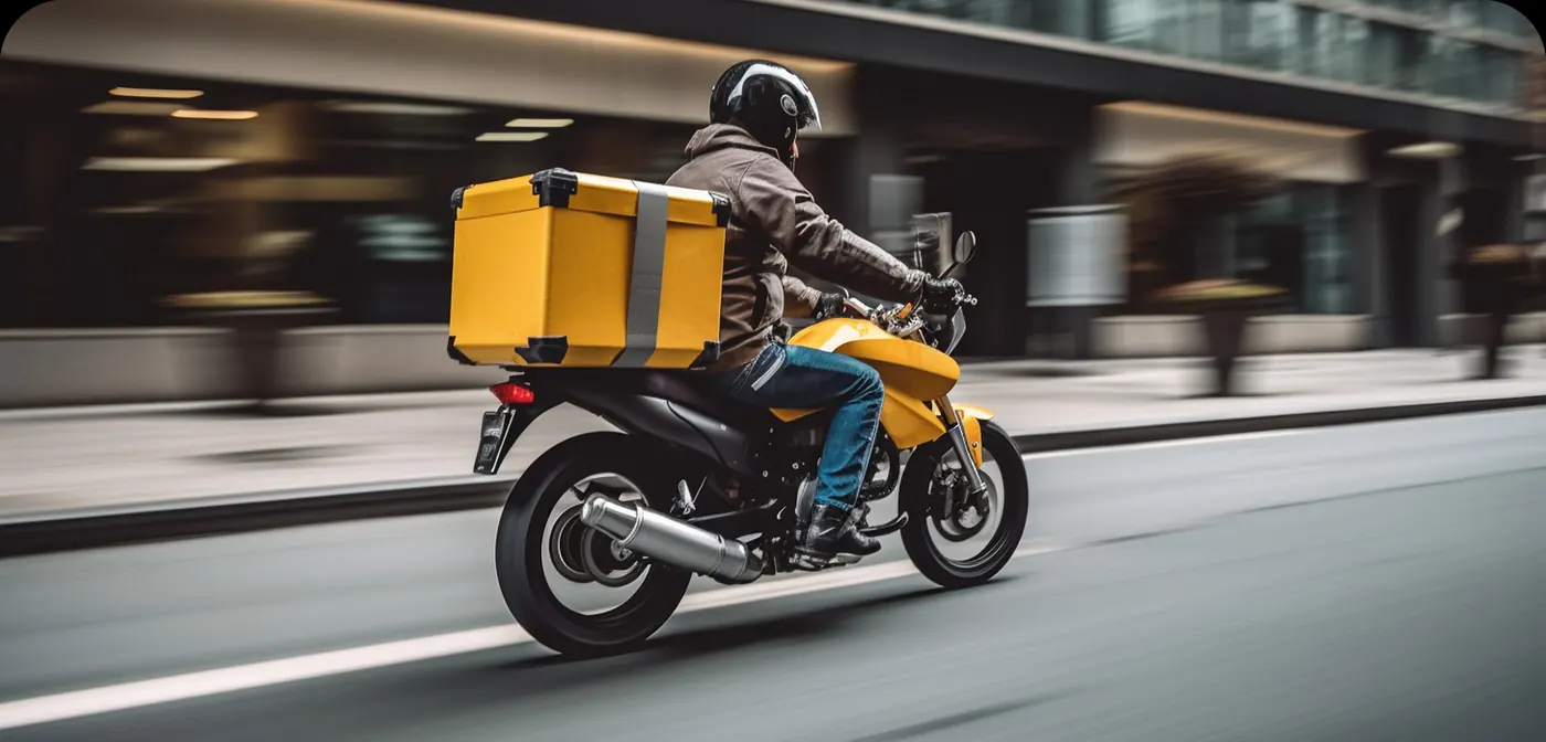 Motorista circulando por la ciudad con caja de reparto