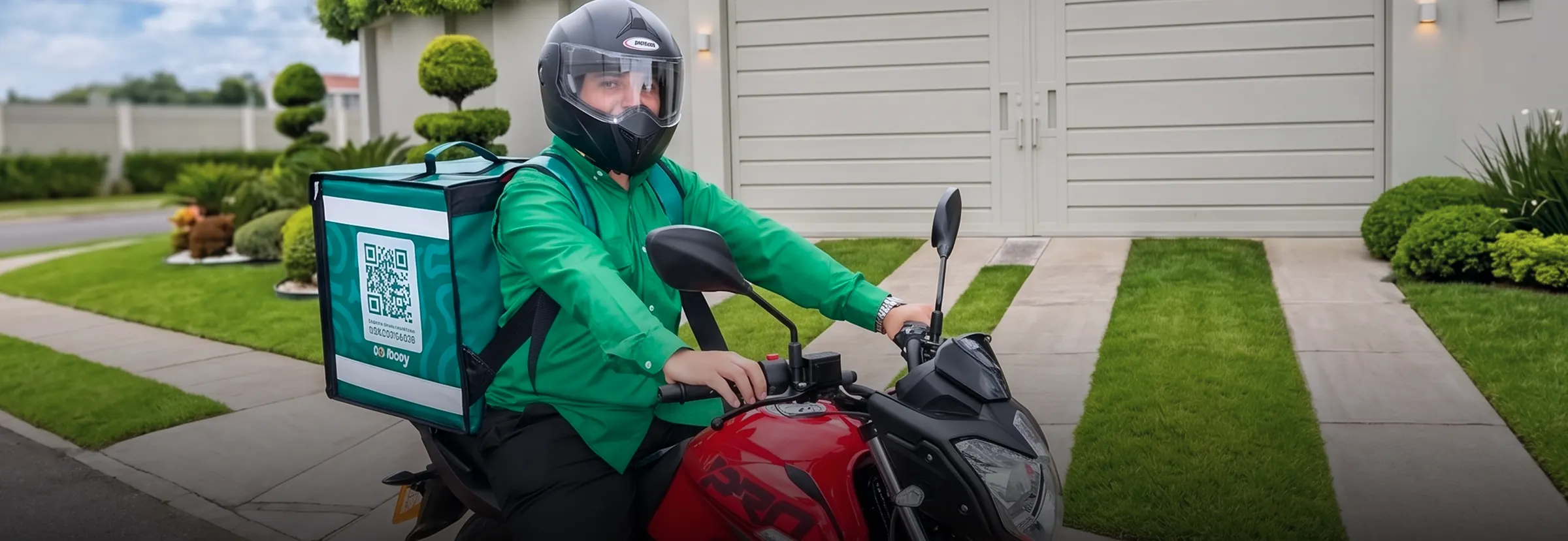 Motorista de iODelivery con uniforme y caja de marca frente a una casa
